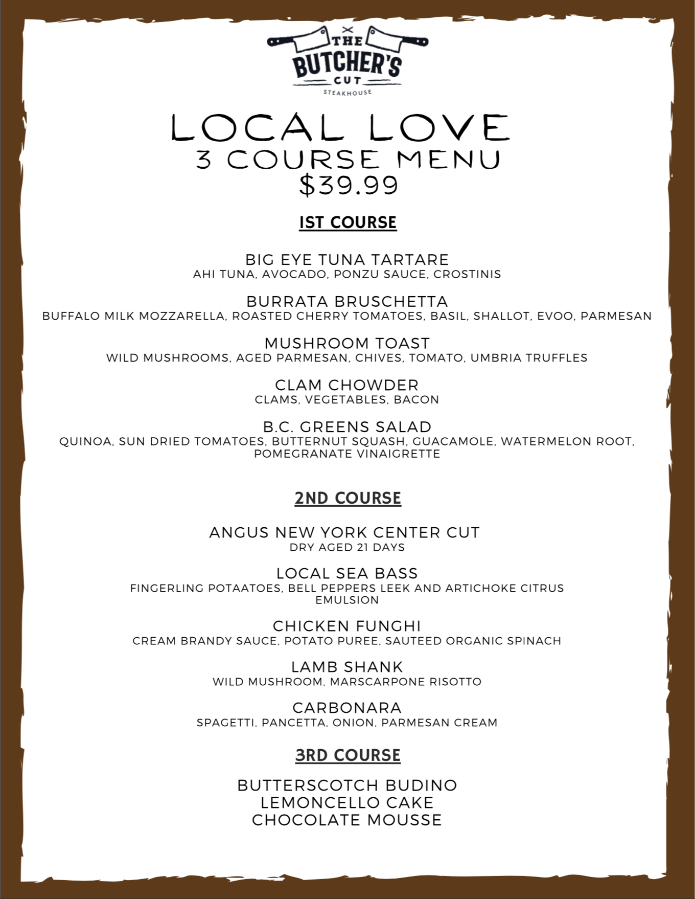 Valentine's Day Dinner Menu - Butcher's Cut Steakhouse of San Diego